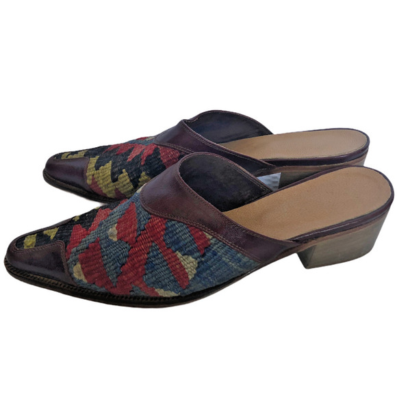Kilim Art 100% Red Blue Aztec Wool Tapestry & Leather Slide Mule Shoes Women's 6 - Picture 4 of 7